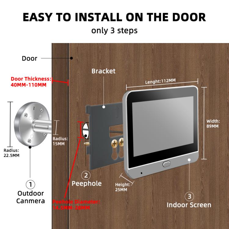 RH-PD9 4.3 inch HD Screen Microwave Radar Motion Detection Peephole WiFi Video Doorbell - Gray Black
