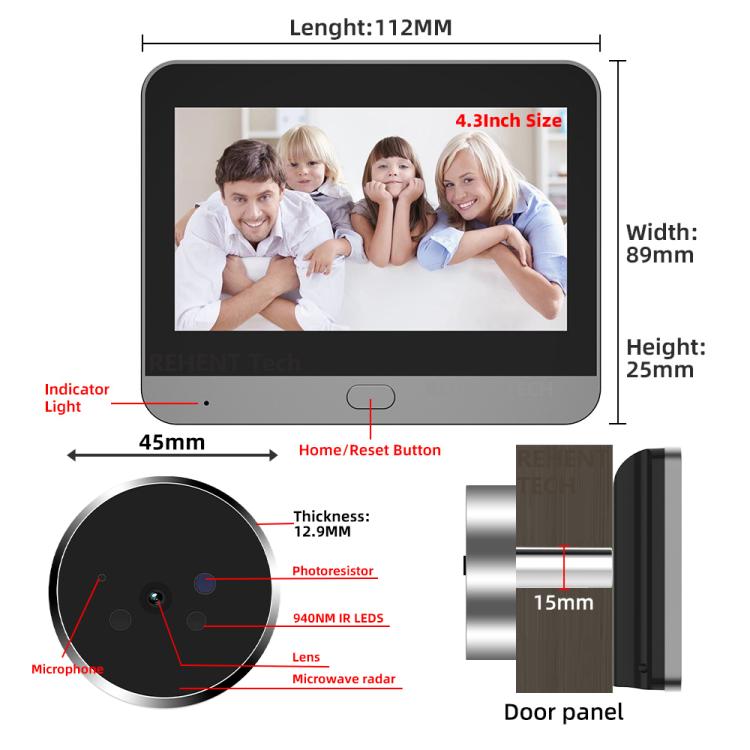RH-PD9 4.3 inch HD Screen Microwave Radar Motion Detection Peephole WiFi Video Doorbell - Gray Black