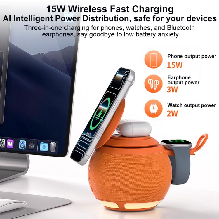 ZGA WX08 Multifunctional Bluetooth Speaker 15W Wireless Phone Watch Charger - Orange