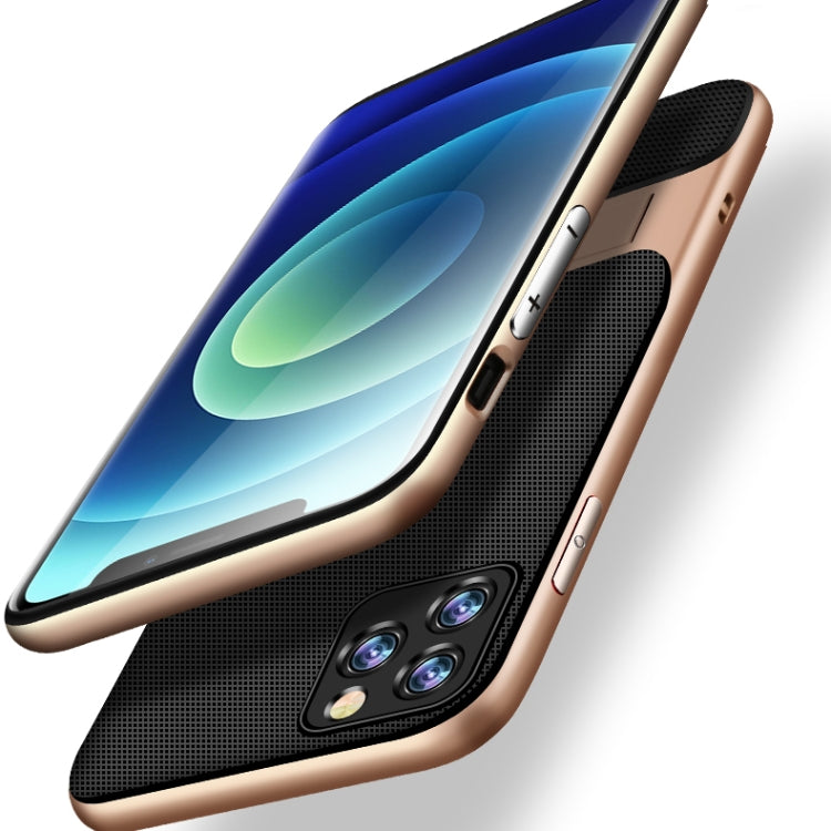 For iPhone 12 / 12 Pro Plaid Texture Non-slip TPU + PC Case with Holder