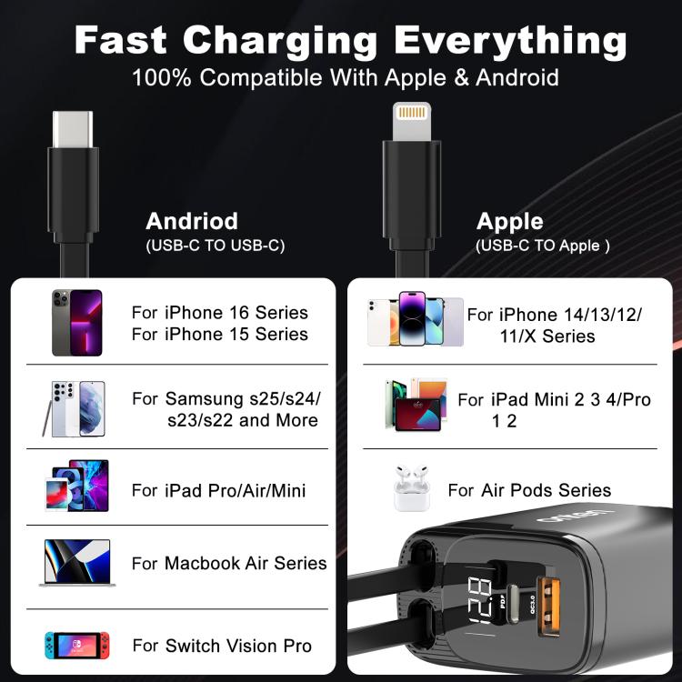 Onten CW72 4 in 1 USB-A and Type-C / USB-C Car Charger with 8 Pin and Type-C / USB-C Retractable Cable - Black