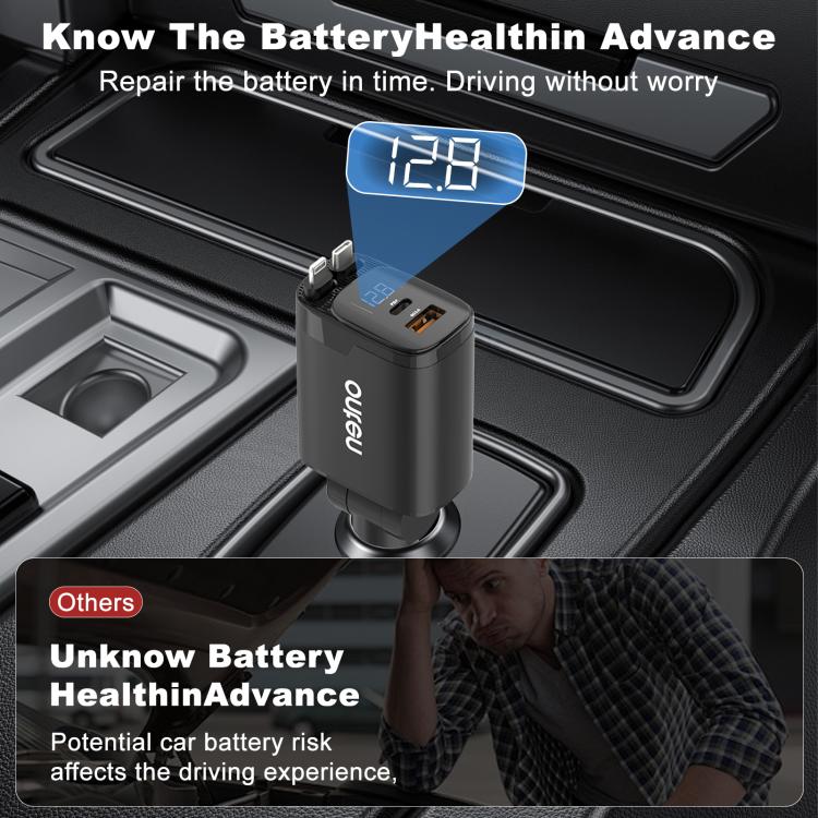 Onten CW72 4 in 1 USB-A and Type-C / USB-C Car Charger with 8 Pin and Type-C / USB-C Retractable Cable - Black