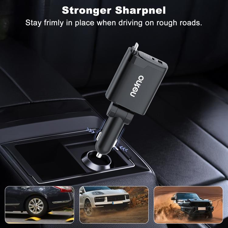 Onten CW72 4 in 1 USB-A and Type-C / USB-C Car Charger with 8 Pin and Type-C / USB-C Retractable Cable - Black