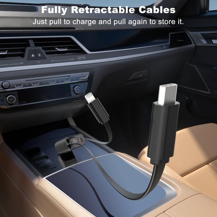 Onten CW72 4 in 1 USB-A and Type-C / USB-C Car Charger with 8 Pin and Type-C / USB-C Retractable Cable - Black