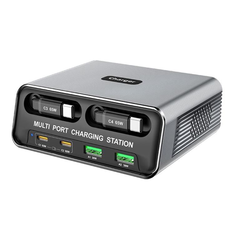 WXL-60C 6-in-1 Desktop Multi Ports Charging Station Built-in Dual Telescopic Cables