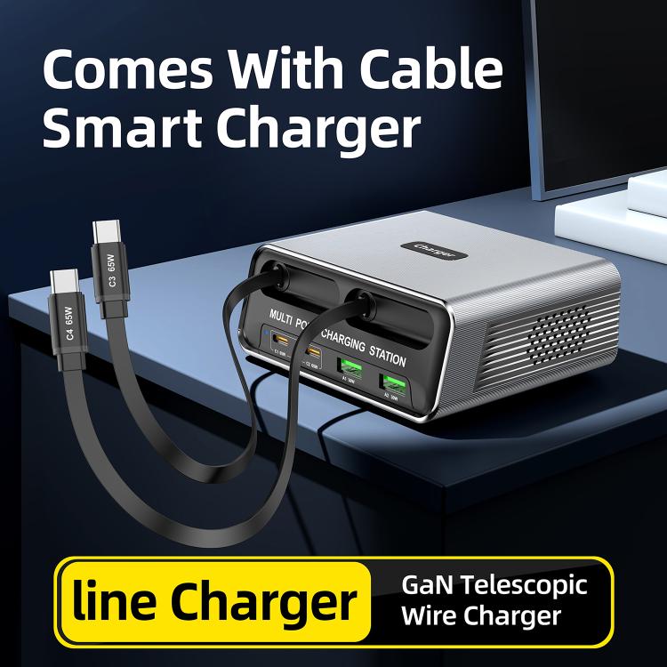 WXL-60C 6-in-1 Desktop Multi Ports Charging Station Built-in Dual Telescopic Cables
