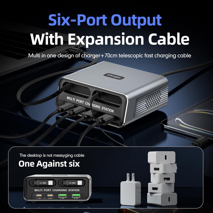 WXL-60C 6-in-1 Desktop Multi Ports Charging Station Built-in Dual Telescopic Cables