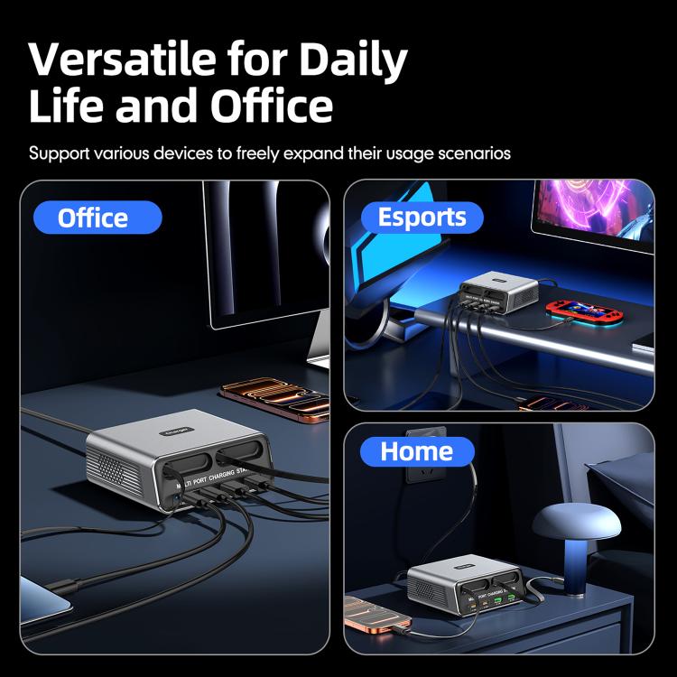 WXL-60C 6-in-1 Desktop Multi Ports Charging Station Built-in Dual Telescopic Cables