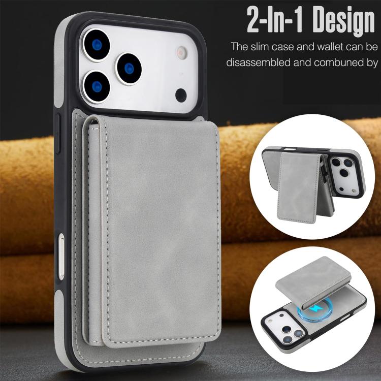 For iPhone 17 Pro Max Retro Faux Leather Detachable Spring Loaded Card Bag Magnetic RFID Phone Case