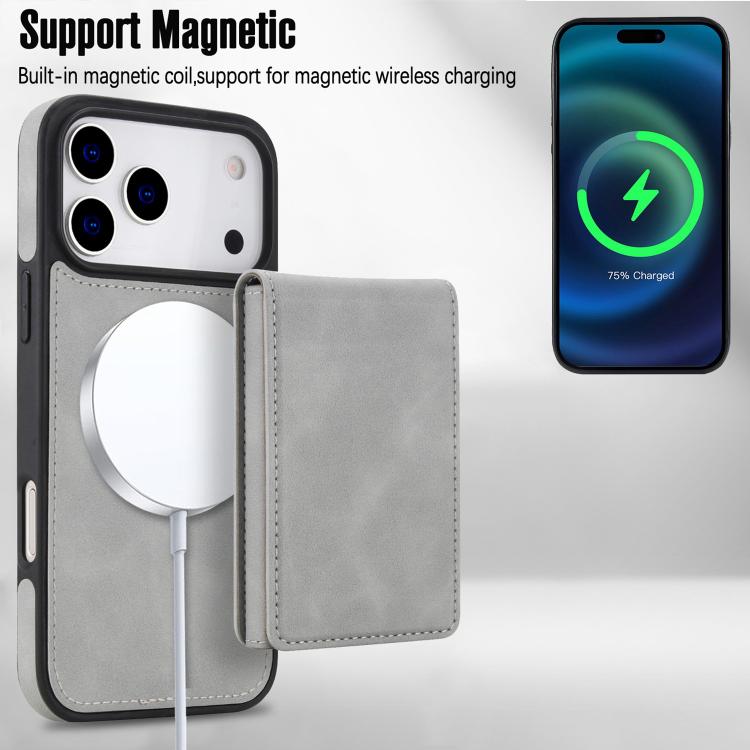 For iPhone 17 Pro Max Retro Faux Leather Detachable Spring Loaded Card Bag Magnetic RFID Phone Case