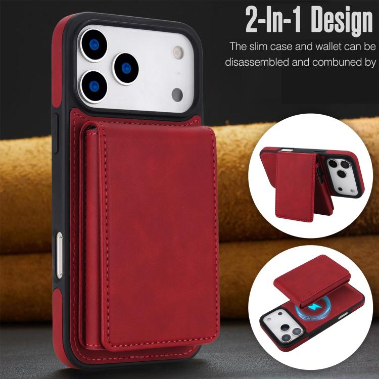 For iPhone 17 Pro Retro Faux Leather Detachable Spring Loaded Card Bag Magnetic RFID Phone Case