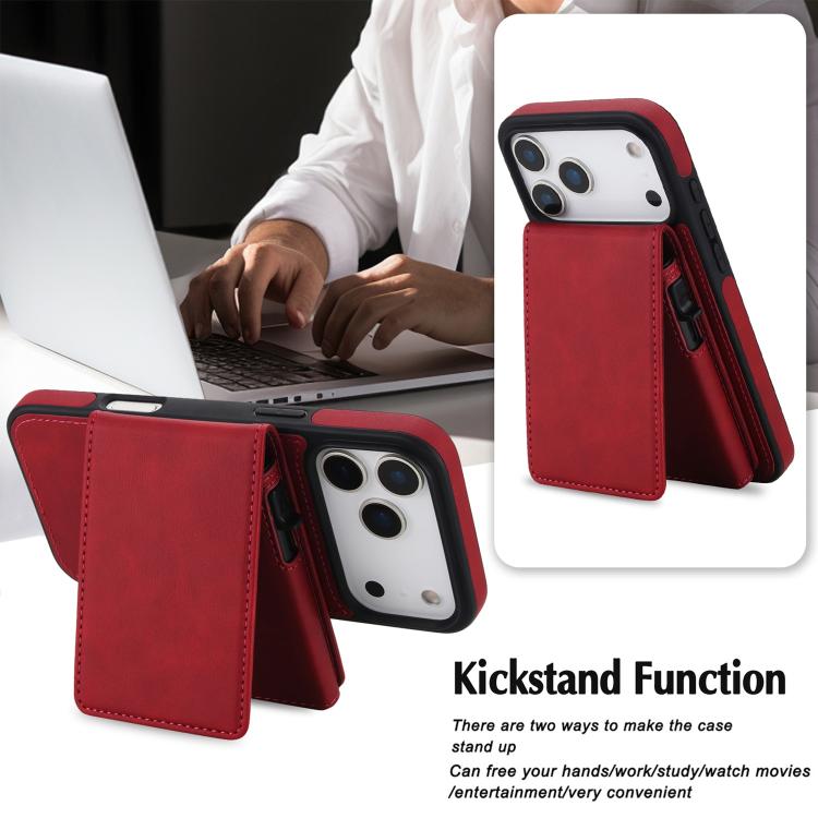 For iPhone 17 Pro Retro Faux Leather Detachable Spring Loaded Card Bag Magnetic RFID Phone Case
