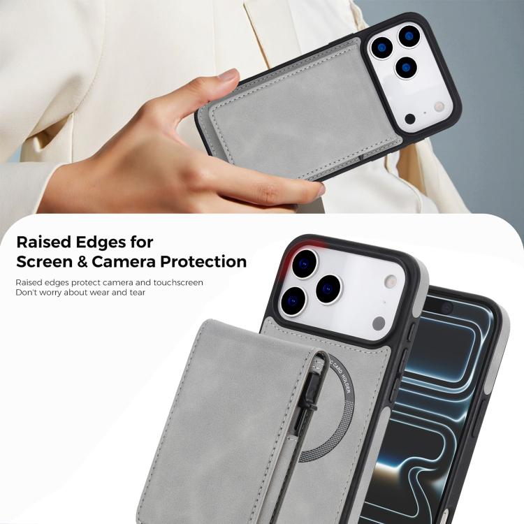 For iPhone 17 Pro Retro Faux Leather Detachable Spring Loaded Card Bag Magnetic RFID Phone Case
