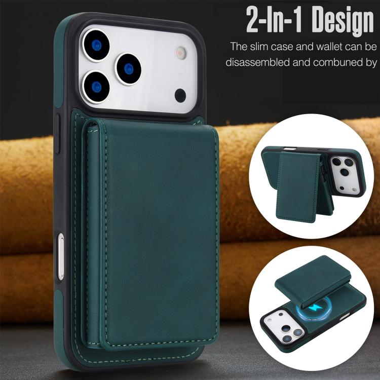 For iPhone 17 Pro Retro Faux Leather Detachable Spring Loaded Card Bag Magnetic RFID Phone Case