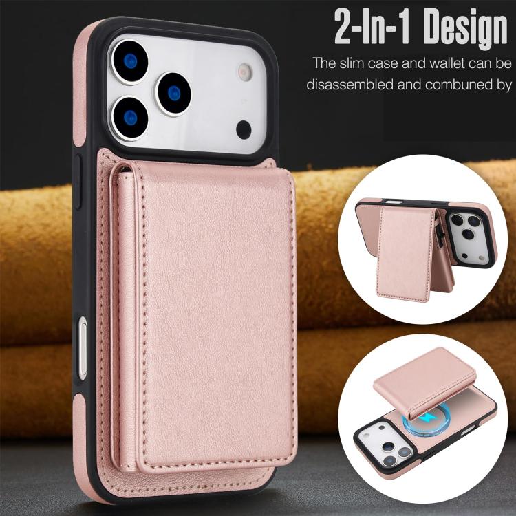 For iPhone 17 Pro Retro Faux Leather Detachable Spring Loaded Card Bag Magnetic RFID Phone Case
