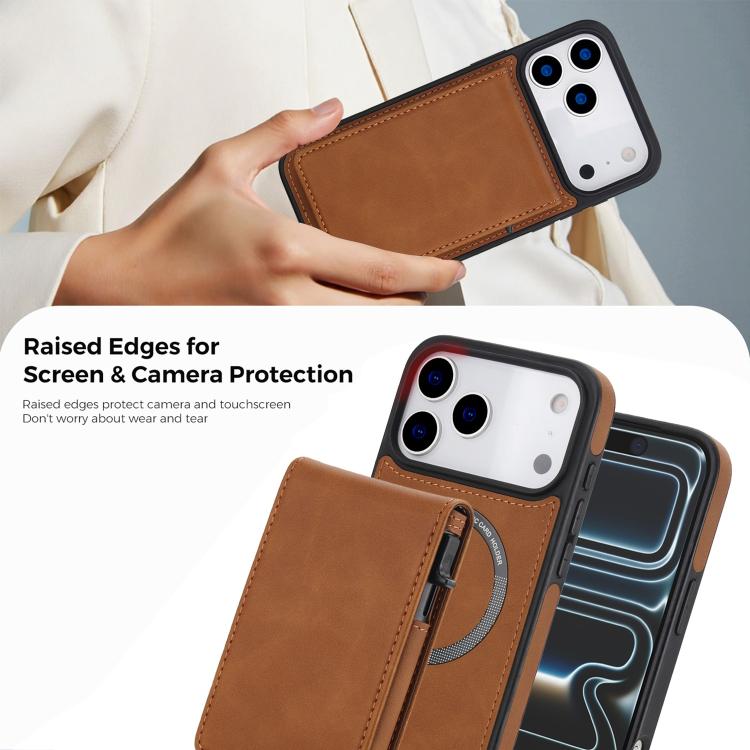 For iPhone 17 Pro Retro Faux Leather Detachable Spring Loaded Card Bag Magnetic RFID Phone Case