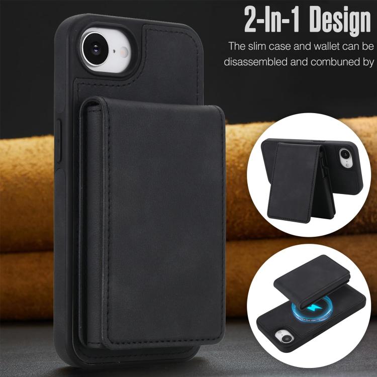 For iPhone 17e / 16e Retro Faux Leather Detachable Spring Loaded Card Bag Magnetic RFID Phone Case