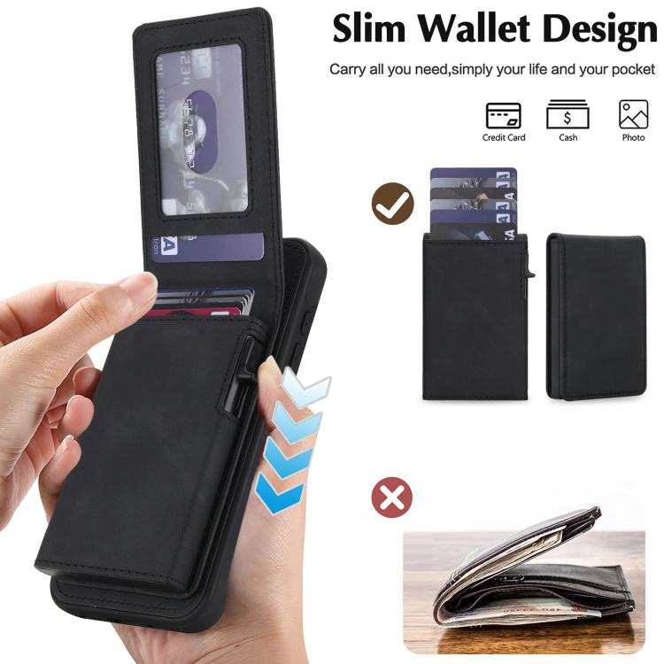 For iPhone 17e / 16e Retro Faux Leather Detachable Spring Loaded Card Bag Magnetic RFID Phone Case