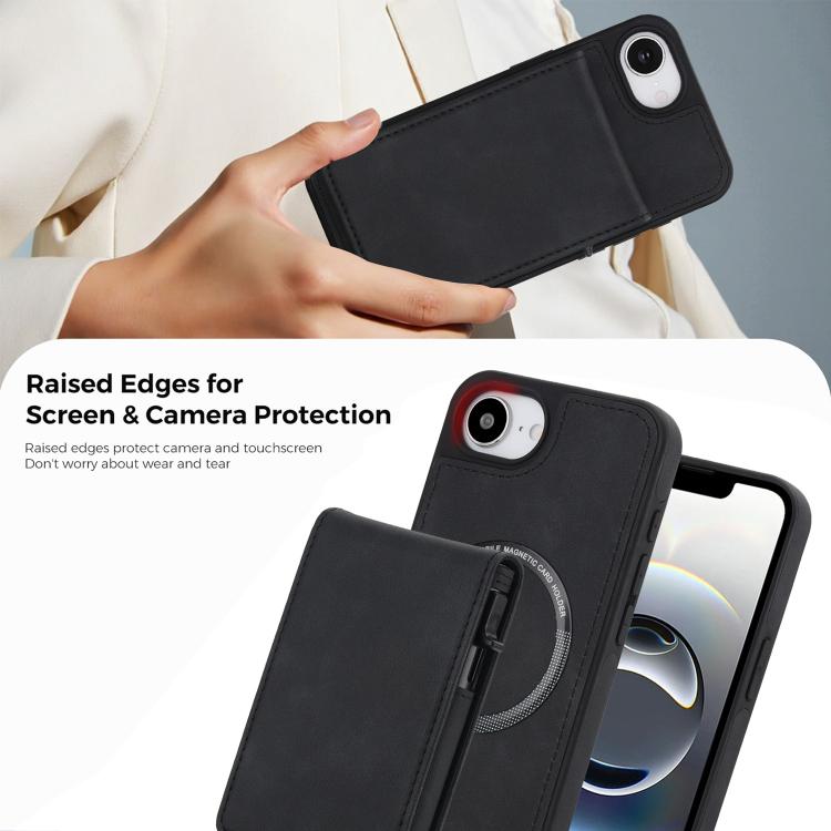 For iPhone 17e / 16e Retro Faux Leather Detachable Spring Loaded Card Bag Magnetic RFID Phone Case