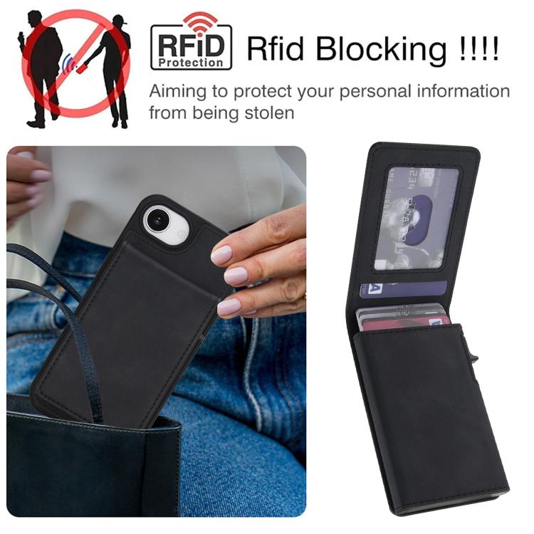 For iPhone 17e / 16e Retro Faux Leather Detachable Spring Loaded Card Bag Magnetic RFID Phone Case