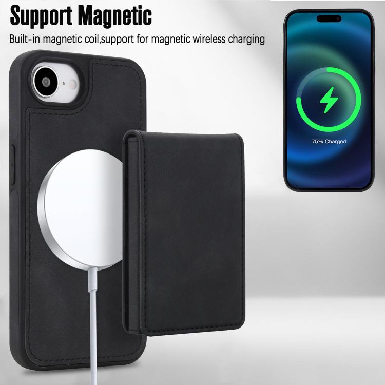 For iPhone 17e / 16e Retro Faux Leather Detachable Spring Loaded Card Bag Magnetic RFID Phone Case