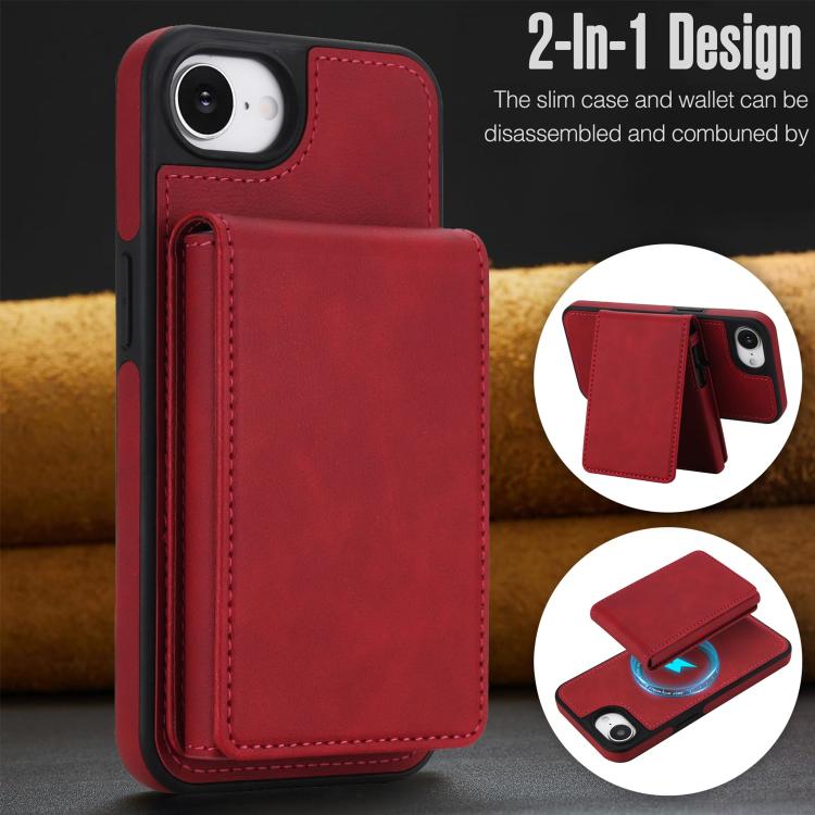 For iPhone 17e / 16e Retro Faux Leather Detachable Spring Loaded Card Bag Magnetic RFID Phone Case