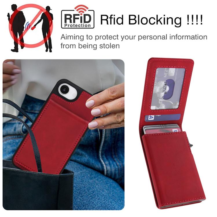 For iPhone 17e / 16e Retro Faux Leather Detachable Spring Loaded Card Bag Magnetic RFID Phone Case