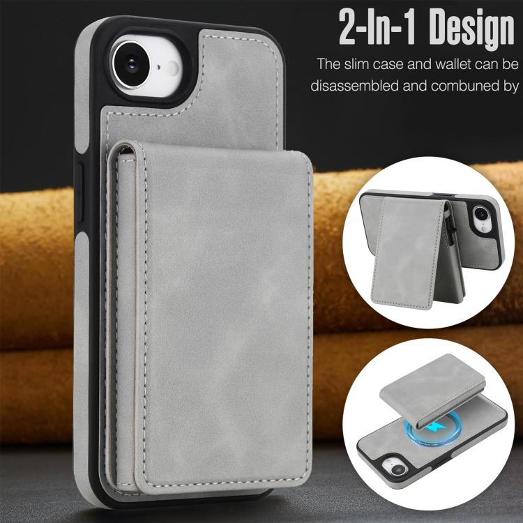 For iPhone 17e / 16e Retro Faux Leather Detachable Spring Loaded Card Bag Magnetic RFID Phone Case