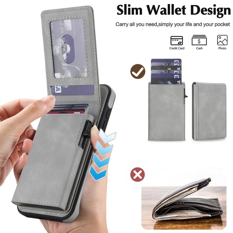 For iPhone 17e / 16e Retro Faux Leather Detachable Spring Loaded Card Bag Magnetic RFID Phone Case