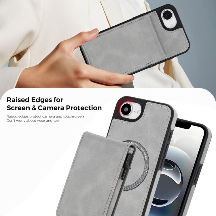 For iPhone 17e / 16e Retro Faux Leather Detachable Spring Loaded Card Bag Magnetic RFID Phone Case