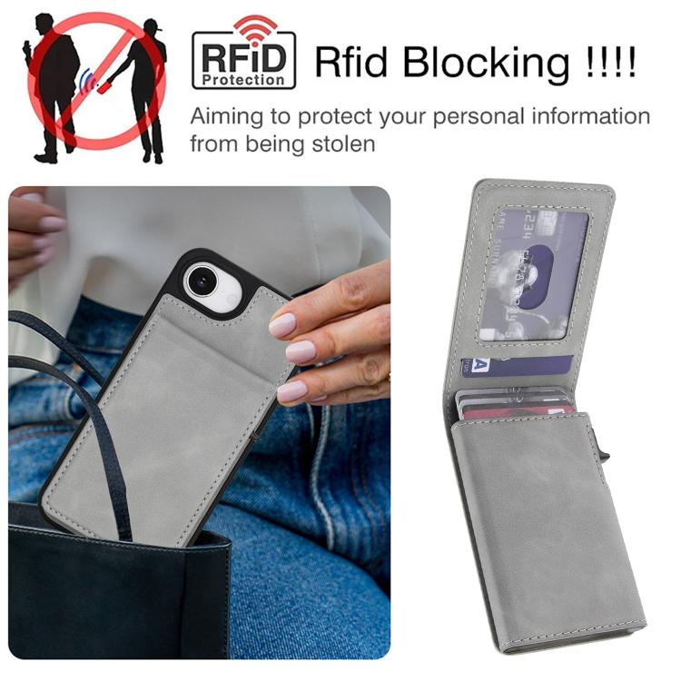 For iPhone 17e / 16e Retro Faux Leather Detachable Spring Loaded Card Bag Magnetic RFID Phone Case