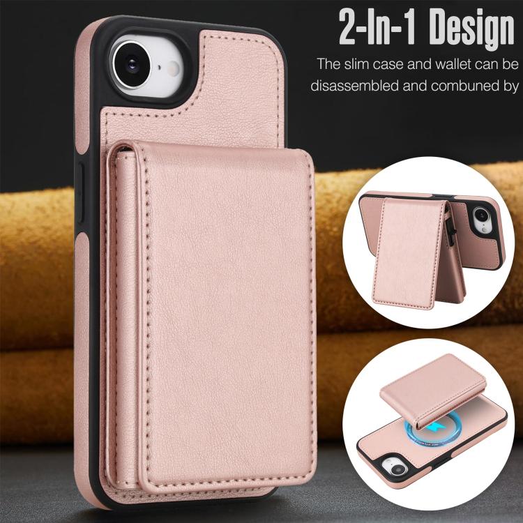 For iPhone 17e / 16e Retro Faux Leather Detachable Spring Loaded Card Bag Magnetic RFID Phone Case