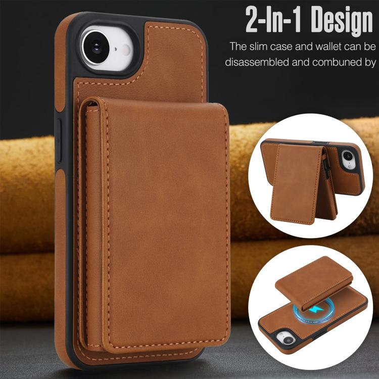 For iPhone 17e / 16e Retro Faux Leather Detachable Spring Loaded Card Bag Magnetic RFID Phone Case
