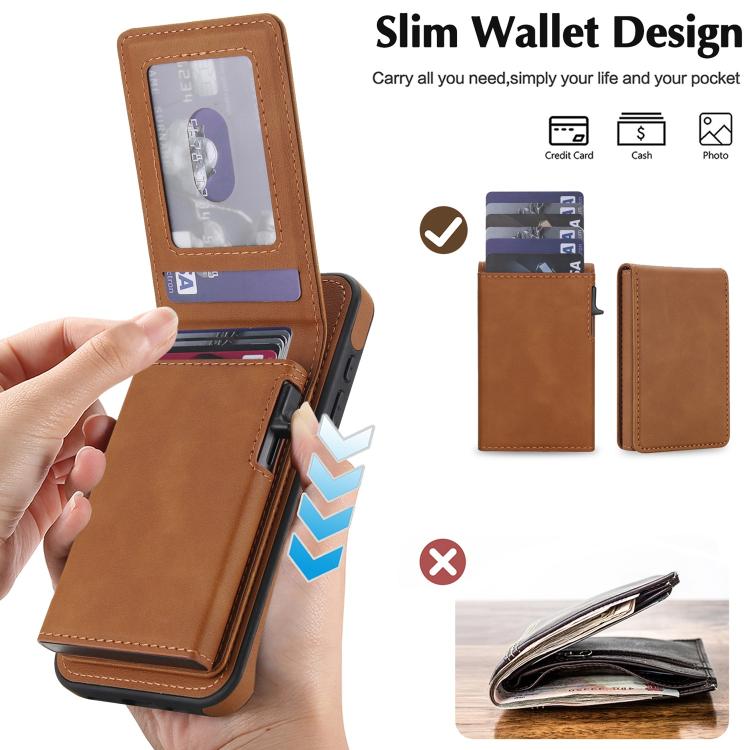 For iPhone 17e / 16e Retro Faux Leather Detachable Spring Loaded Card Bag Magnetic RFID Phone Case