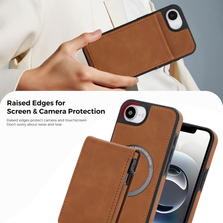 For iPhone 17e / 16e Retro Faux Leather Detachable Spring Loaded Card Bag Magnetic RFID Phone Case
