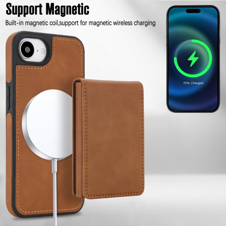 For iPhone 17e / 16e Retro Faux Leather Detachable Spring Loaded Card Bag Magnetic RFID Phone Case