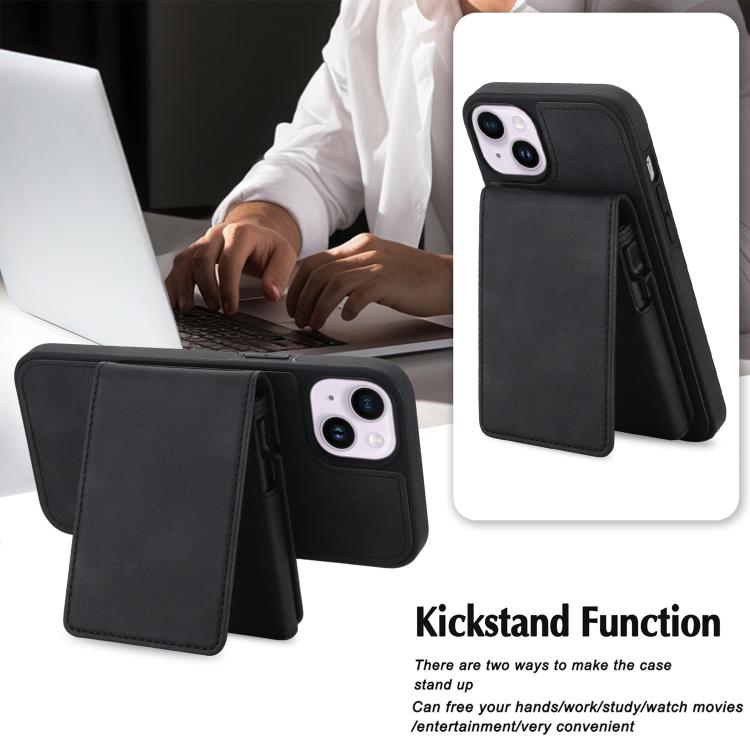 For iPhone 15 Plus Retro Faux Leather Detachable Spring Loaded Card Bag Magnetic RFID Phone Case