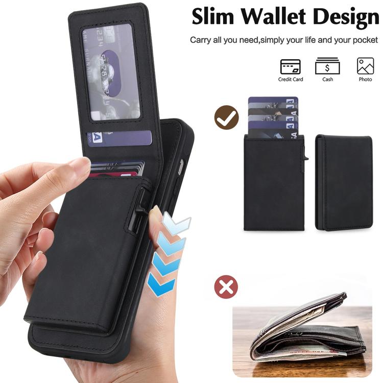 For iPhone 15 Plus Retro Faux Leather Detachable Spring Loaded Card Bag Magnetic RFID Phone Case