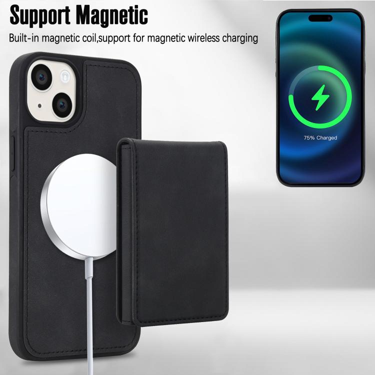 For iPhone 15 Plus Retro Faux Leather Detachable Spring Loaded Card Bag Magnetic RFID Phone Case
