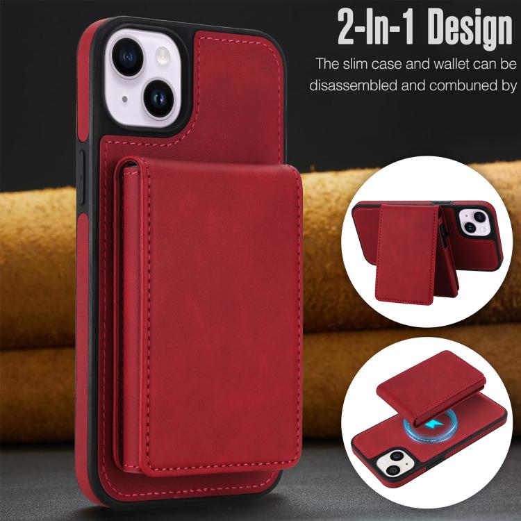 For iPhone 15 Plus Retro Faux Leather Detachable Spring Loaded Card Bag Magnetic RFID Phone Case