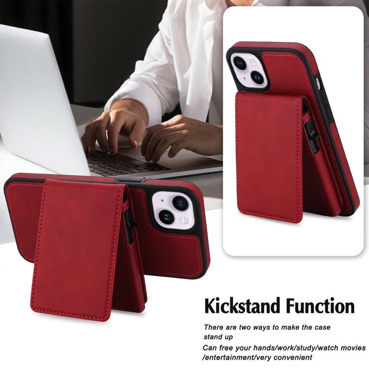 For iPhone 15 Plus Retro Faux Leather Detachable Spring Loaded Card Bag Magnetic RFID Phone Case