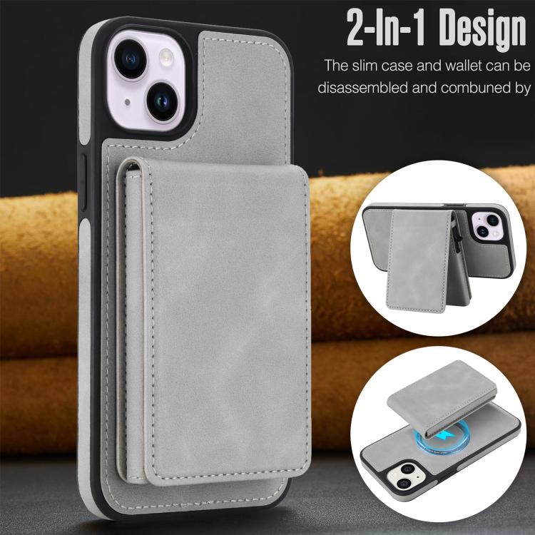 For iPhone 15 Plus Retro Faux Leather Detachable Spring Loaded Card Bag Magnetic RFID Phone Case