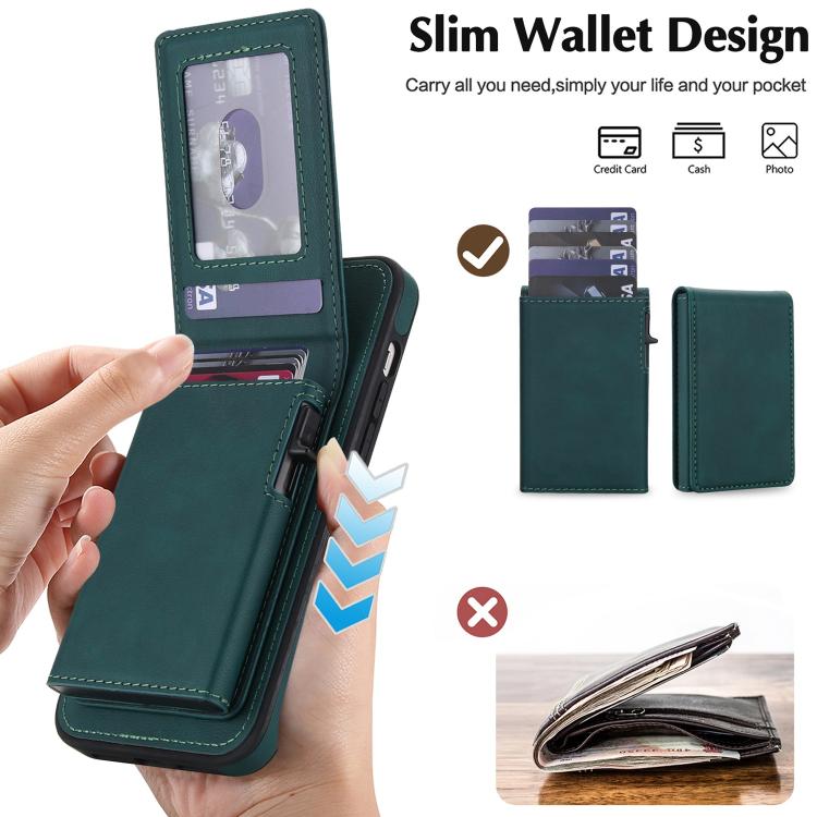 For iPhone 15 Plus Retro Faux Leather Detachable Spring Loaded Card Bag Magnetic RFID Phone Case