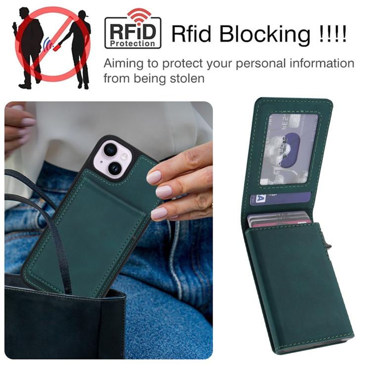 For iPhone 15 Plus Retro Faux Leather Detachable Spring Loaded Card Bag Magnetic RFID Phone Case