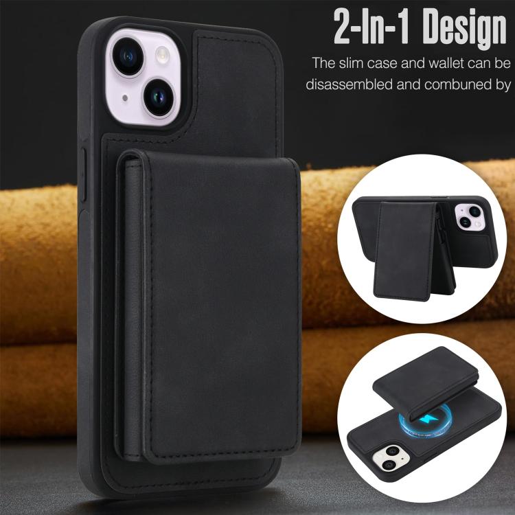 For iPhone 15 Retro Faux Leather Detachable Spring Loaded Card Bag Magnetic RFID Phone Case