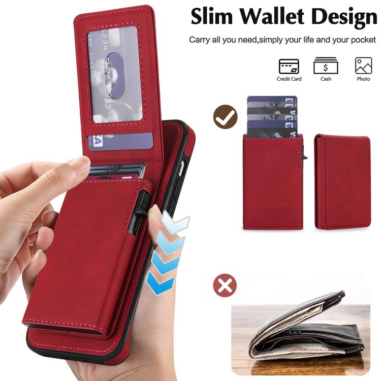 For iPhone 15 Retro Faux Leather Detachable Spring Loaded Card Bag Magnetic RFID Phone Case