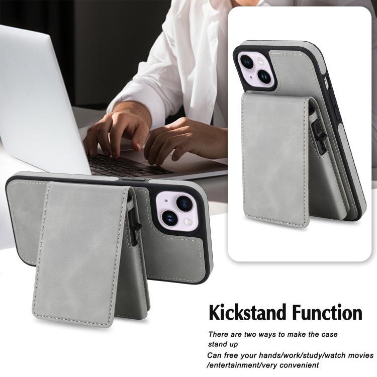 For iPhone 15 Retro Faux Leather Detachable Spring Loaded Card Bag Magnetic RFID Phone Case