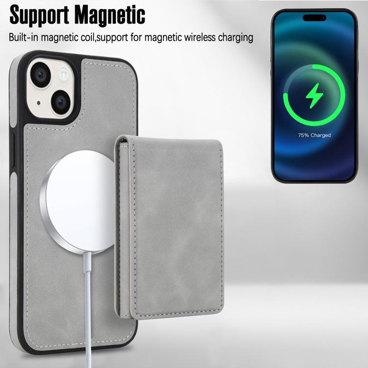 For iPhone 15 Retro Faux Leather Detachable Spring Loaded Card Bag Magnetic RFID Phone Case