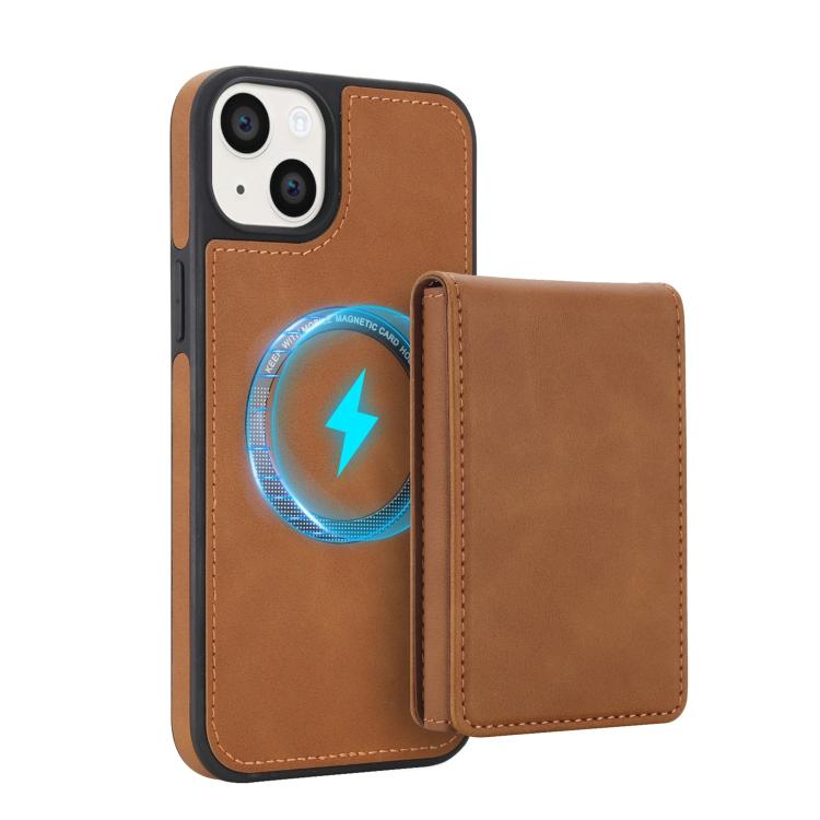For iPhone 15 Retro Faux Leather Detachable Spring Loaded Card Bag Magnetic RFID Phone Case