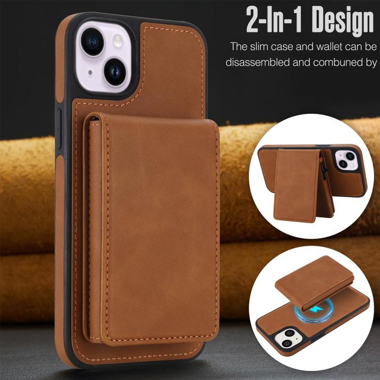 For iPhone 15 Retro Faux Leather Detachable Spring Loaded Card Bag Magnetic RFID Phone Case